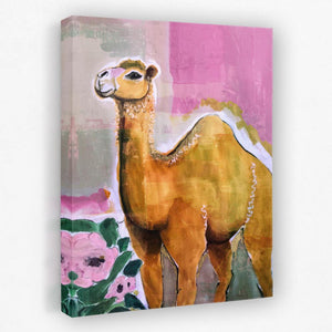 a painting of a camel on a pink background