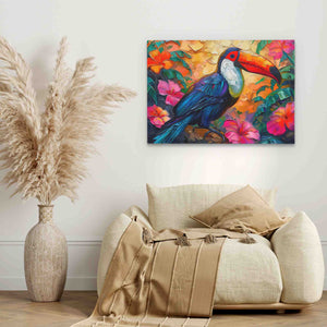 a painting of a toucan bird on a white wall