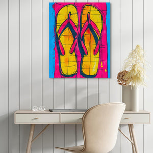 a painting of a pair of flip flops on a wall