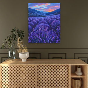 a painting of a lavender field with a sunset in the background