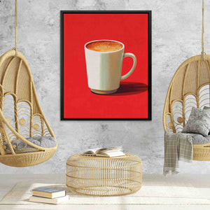 a painting of a cup of coffee on a red background