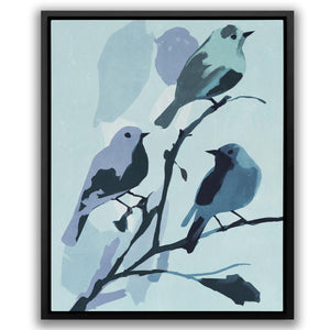 a painting of birds sitting on a tree branch