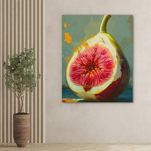 a painting of a pear on a wall next to a potted plant