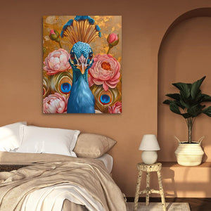 a painting of a peacock on a wall above a bed