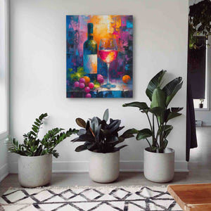 three potted plants sit in front of a painting