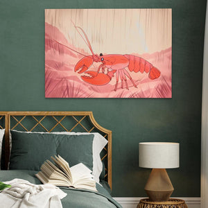 a painting of a lobster hangs above a bed