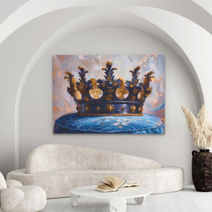 a painting of a crown on a wall above a couch