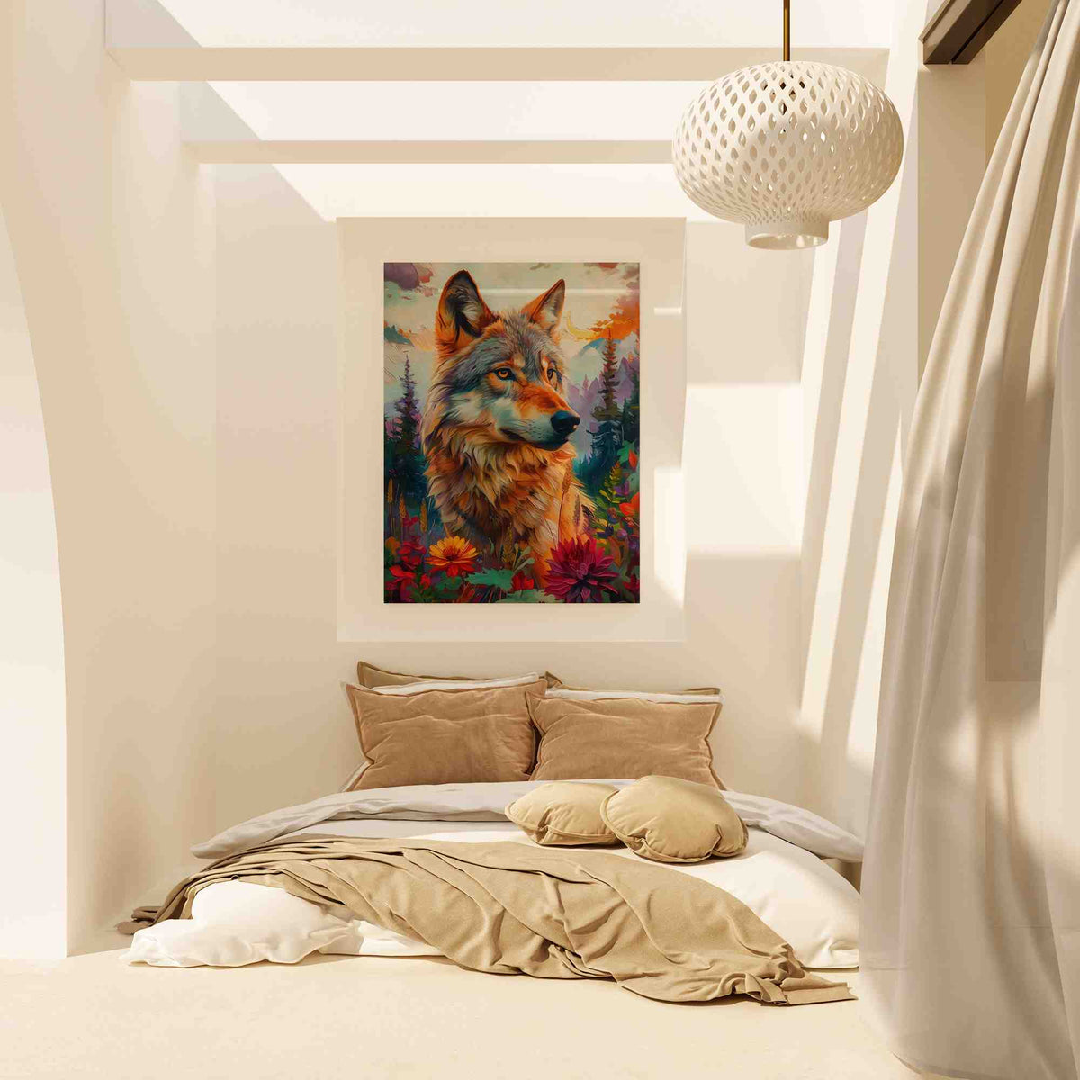 a painting of a wolf on a wall above a bed