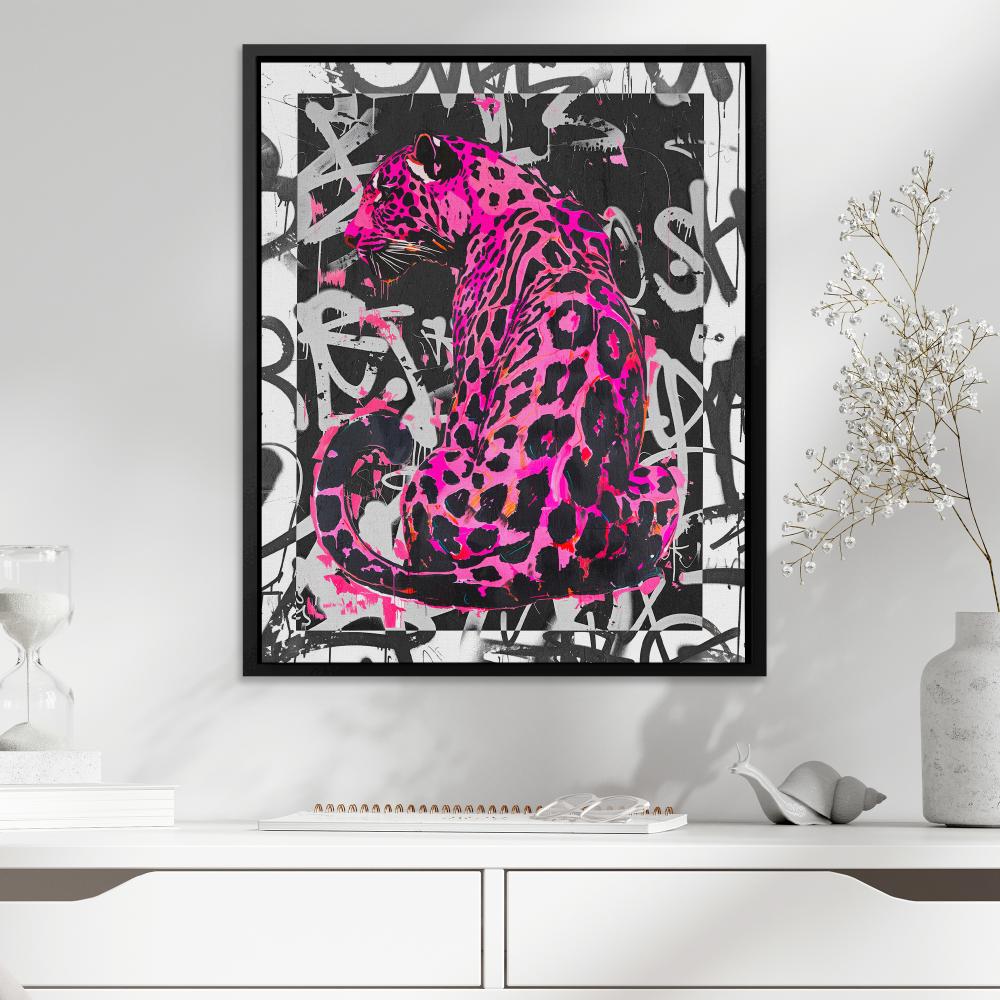 a painting of a pink leopard on a black and white background