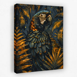 a painting of a colorful parrot surrounded by tropical leaves