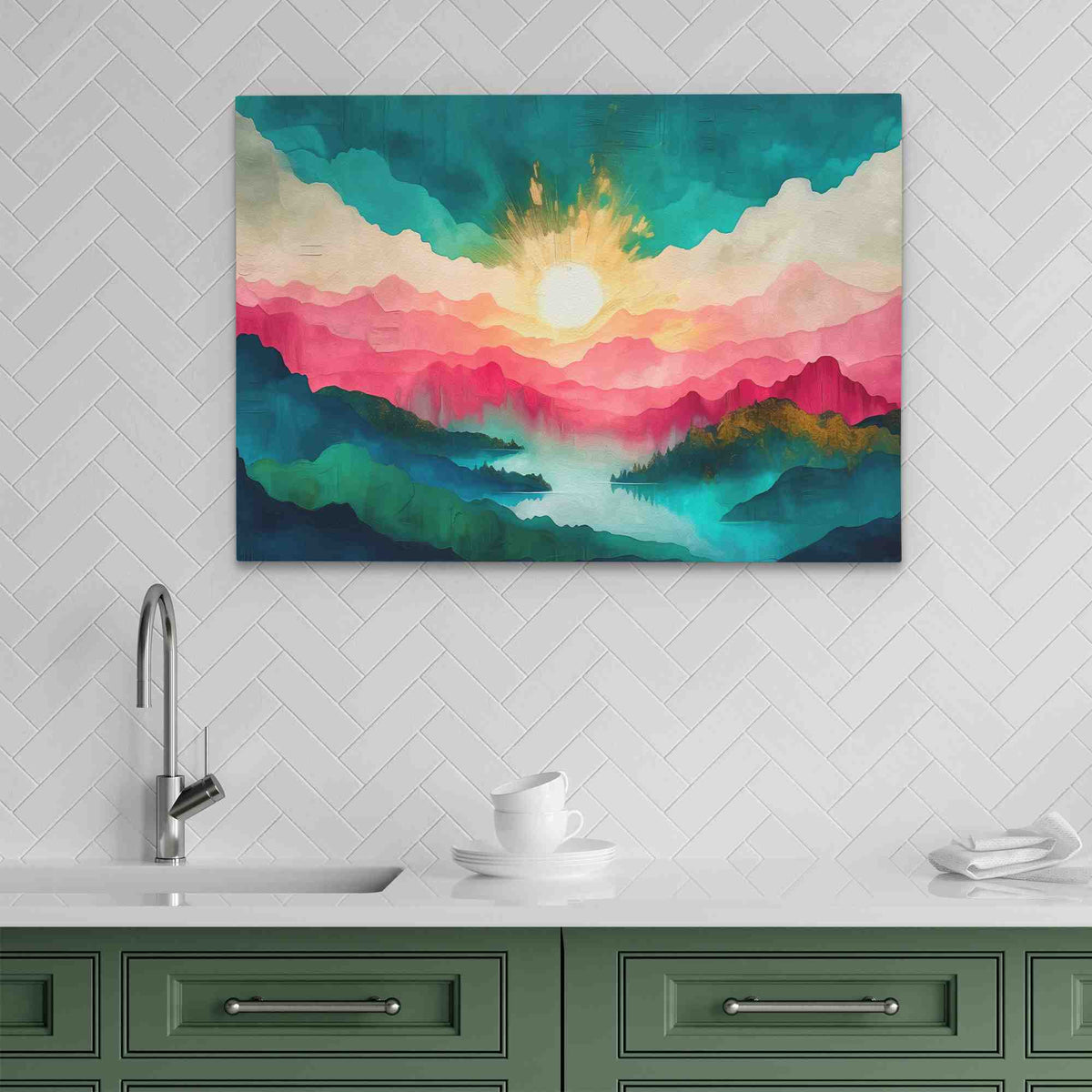 a painting hanging on a wall above a kitchen sink