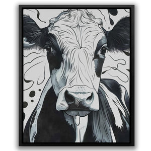 a black and white painting of a cow