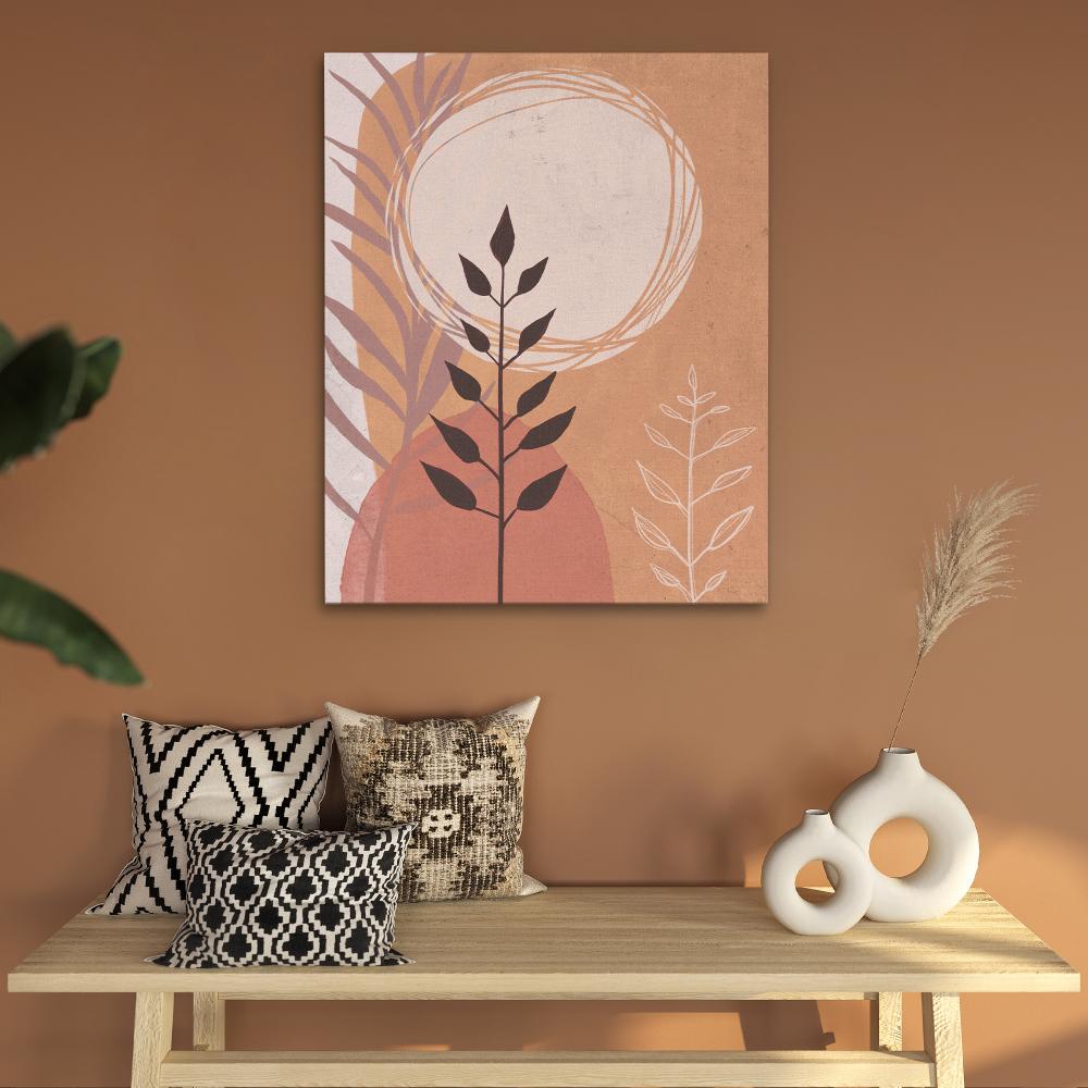 a painting of a plant and a round object