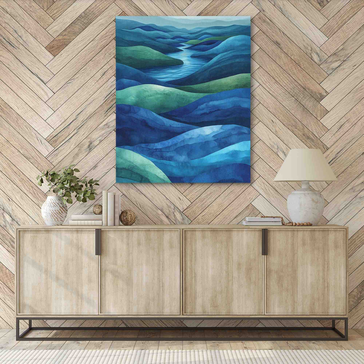 a painting on a wall above a sideboard