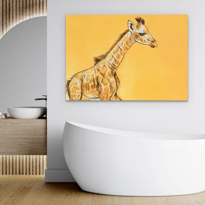 a painting of a giraffe on a yellow background