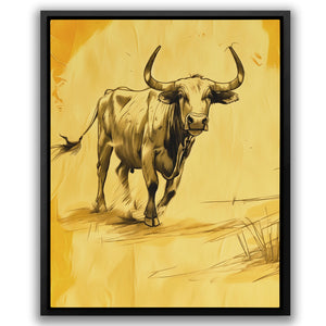 a painting of a bull walking across a field