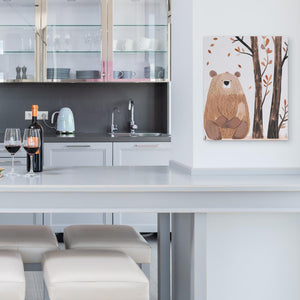 a kitchen with a counter, stools, cabinets and a painting on the wall