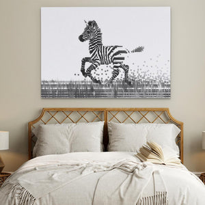 a bed with a zebra painting on the wall above it