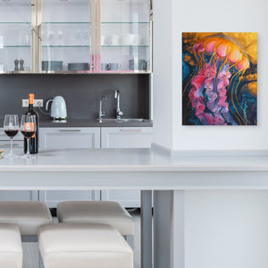 a kitchen with a white counter top and a painting on the wall