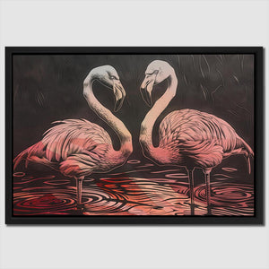 a painting of two flamingos standing in a body of water