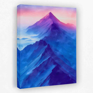 a painting of a mountain range in blue and pink
