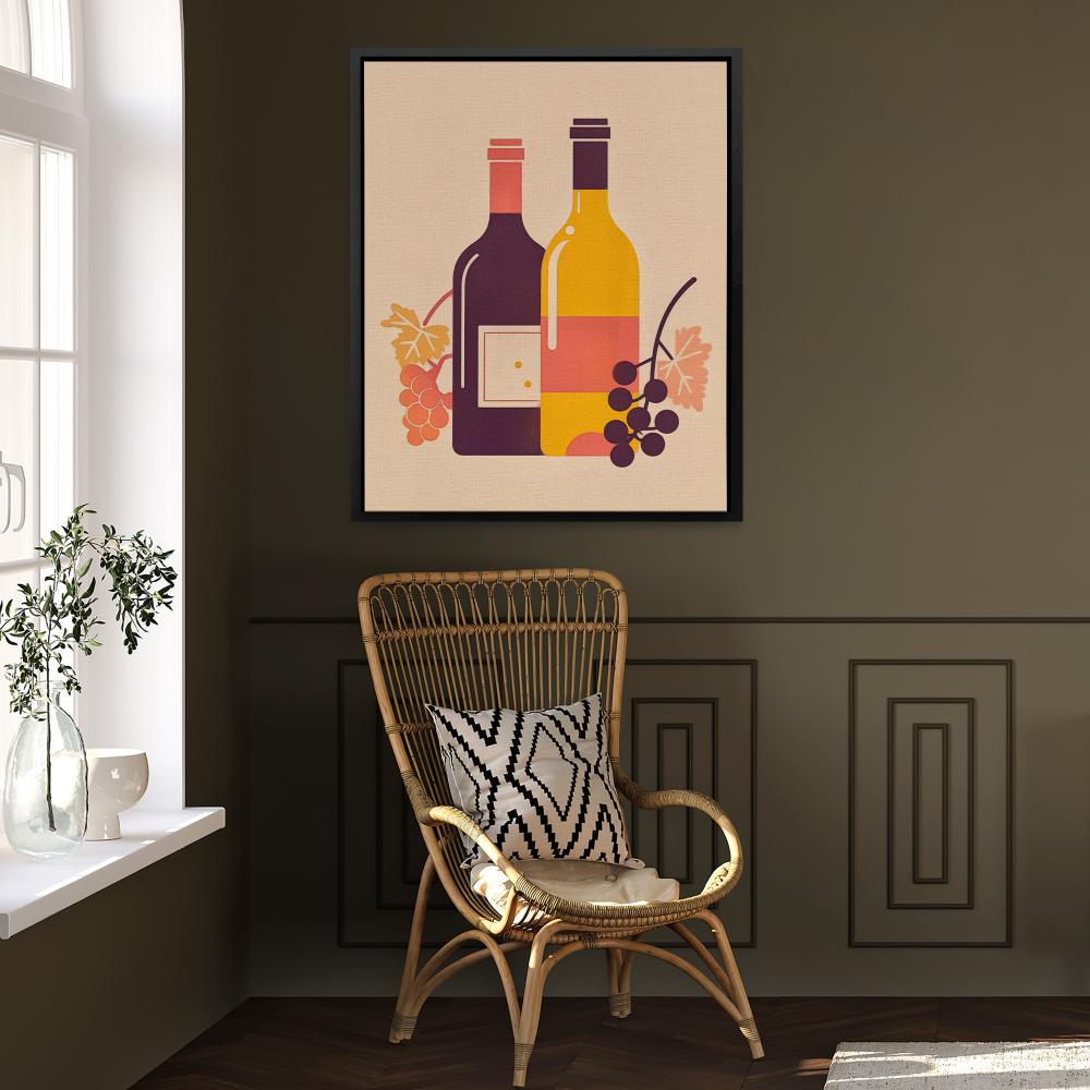 a painting of two bottles of wine and grapes