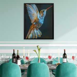 a picture of a hummingbird in flight above a dining room table