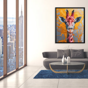 a living room with a couch and a painting of a giraffe