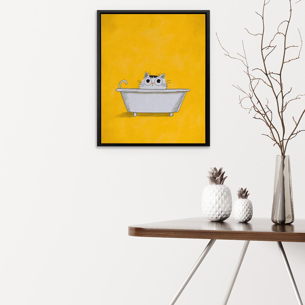 a black and white cat sitting in a bathtub on a yellow background