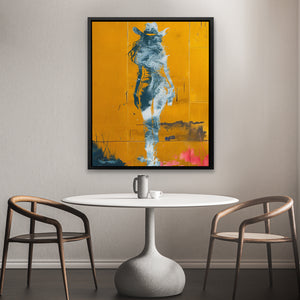 a table with two chairs and a painting on the wall