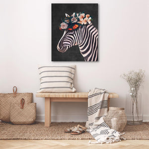 a painting of a zebra with flowers on its head