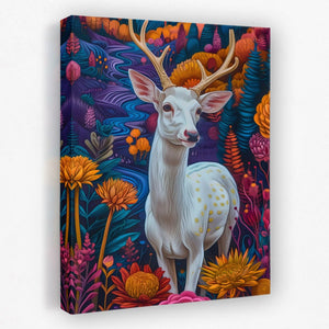 a painting of a white deer surrounded by flowers