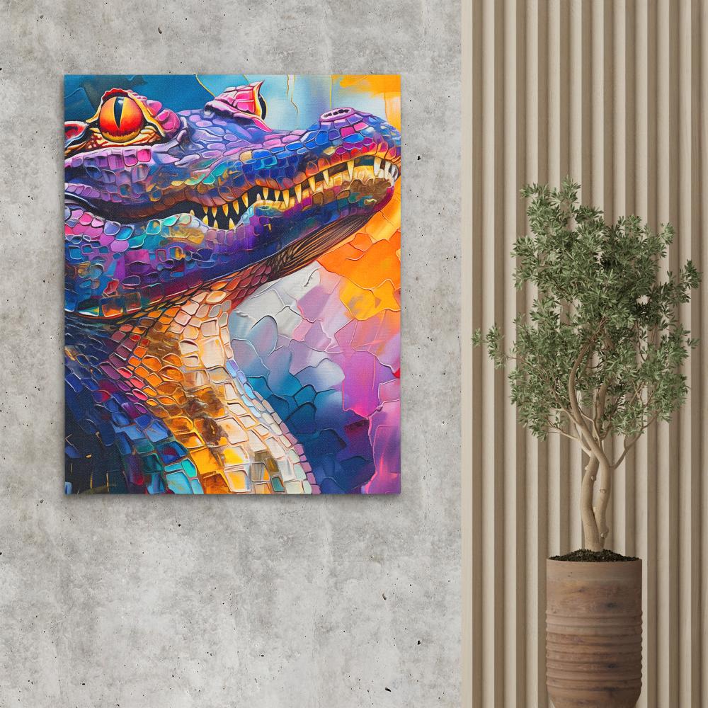 a painting of a colorful alligator on a white background