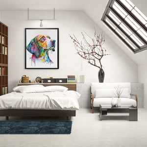 a bedroom with a bed and a painting on the wall