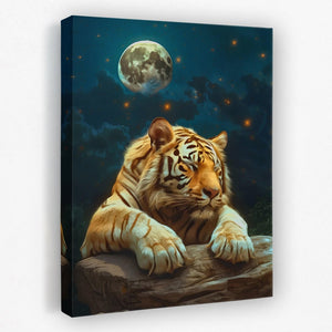 a painting of a tiger resting on a rock under a full moon