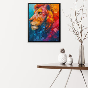 a painting of a lion on a wall above a table