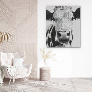 a cow is shown in a white room