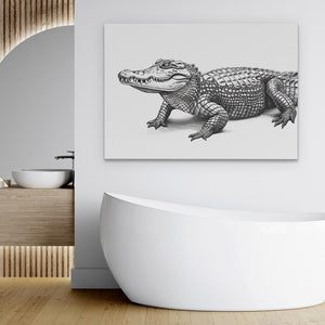 a black and white drawing of a crocodile in a bathroom