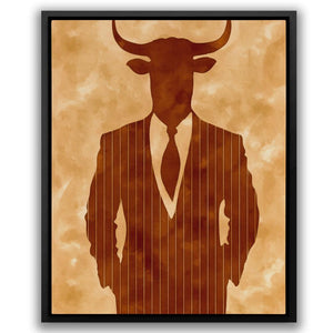 a picture of a man in a suit with a bull's head on it