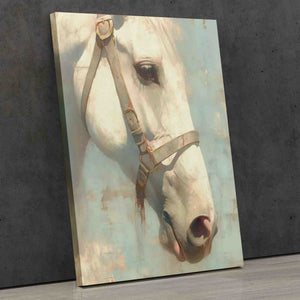 a painting of a white horse with a bridle