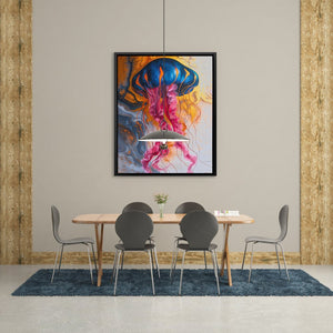 a dining room with a table and chairs and a painting on the wall