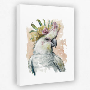 a watercolor painting of a cockatoo with a flower crown on its head