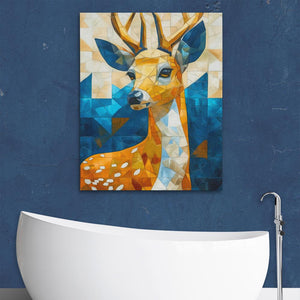 a painting of a deer on a wall above a bathtub