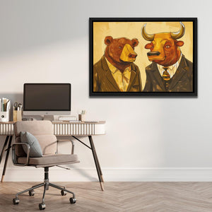 a painting of a bull and a bear wearing suits