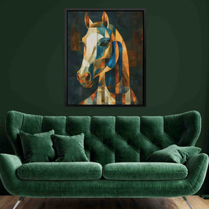 a living room with a green couch and a painting of a horse