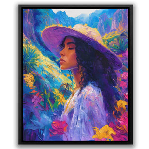 a painting of a woman wearing a purple hat