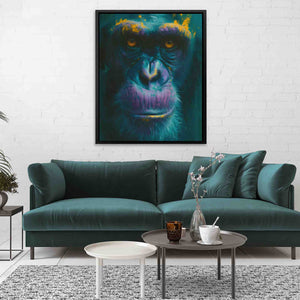 a living room with a blue couch and a painting of a gorilla
