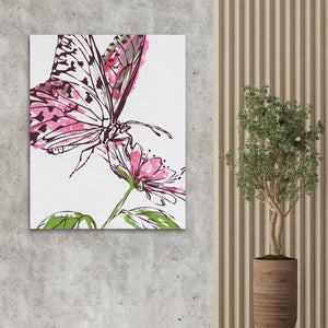 a painting of a butterfly on a wall next to a potted plant