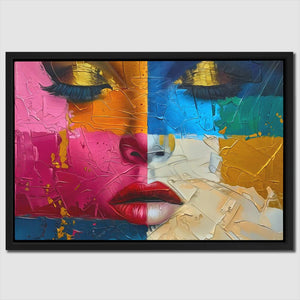 a painting of a woman's face with bright colors