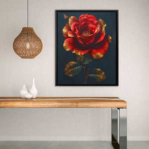 a painting of a red rose on a blue background